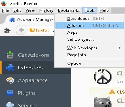 Tools / Add-ons activate craigslist flagging software extensions menu